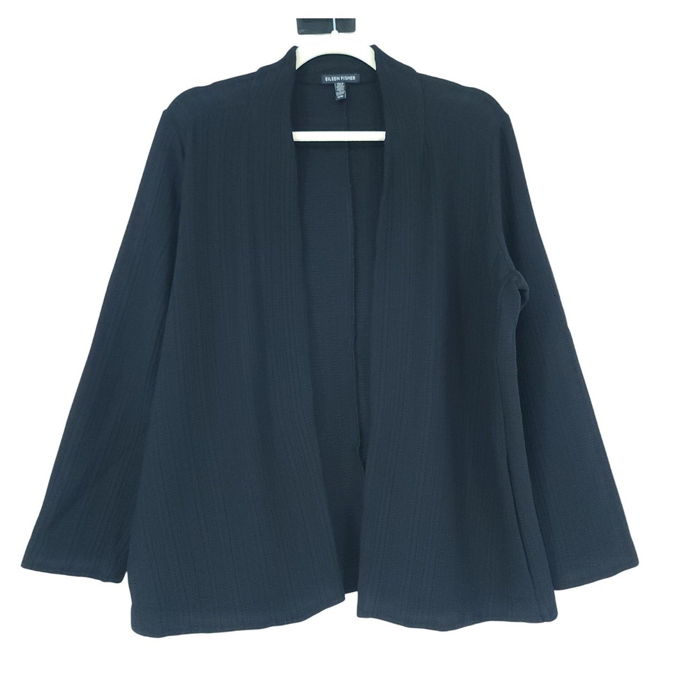 Eileen Fisher Cardigan Womens M Black Ribbed Open Front w/Pockets Quiet Luxury